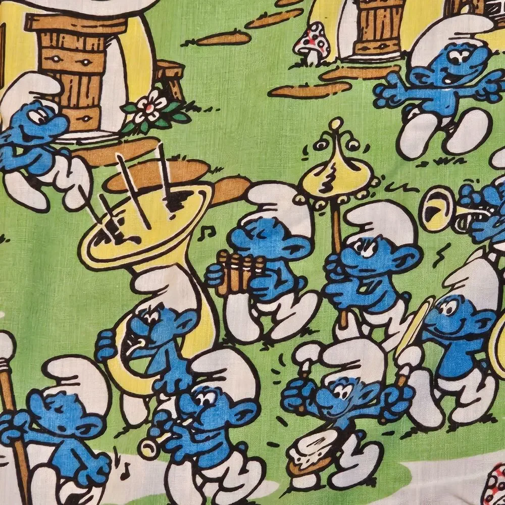 Vtg 1980s Smurfs Village Twin Flat Sheet Lawtex PolyCotton USA Peyo Bright 90x65